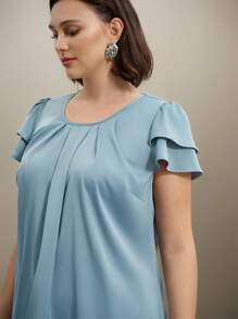 SHEIN Clasi 大码女式夏季纯色圆领褶皱双层袖衬衫 - 藍色 - 查看 6