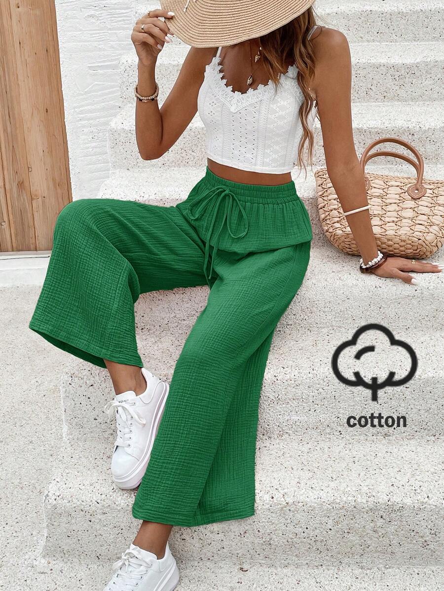 SHEIN Frenchy 女士纯色休闲长裤，适合夏季 - 橄欖綠 - 查看 1