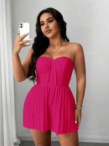 Celure Plus Size Women Elegant Romantic Strapless Ruffle Shorts Jumpsuit - Hot Pink - View 4