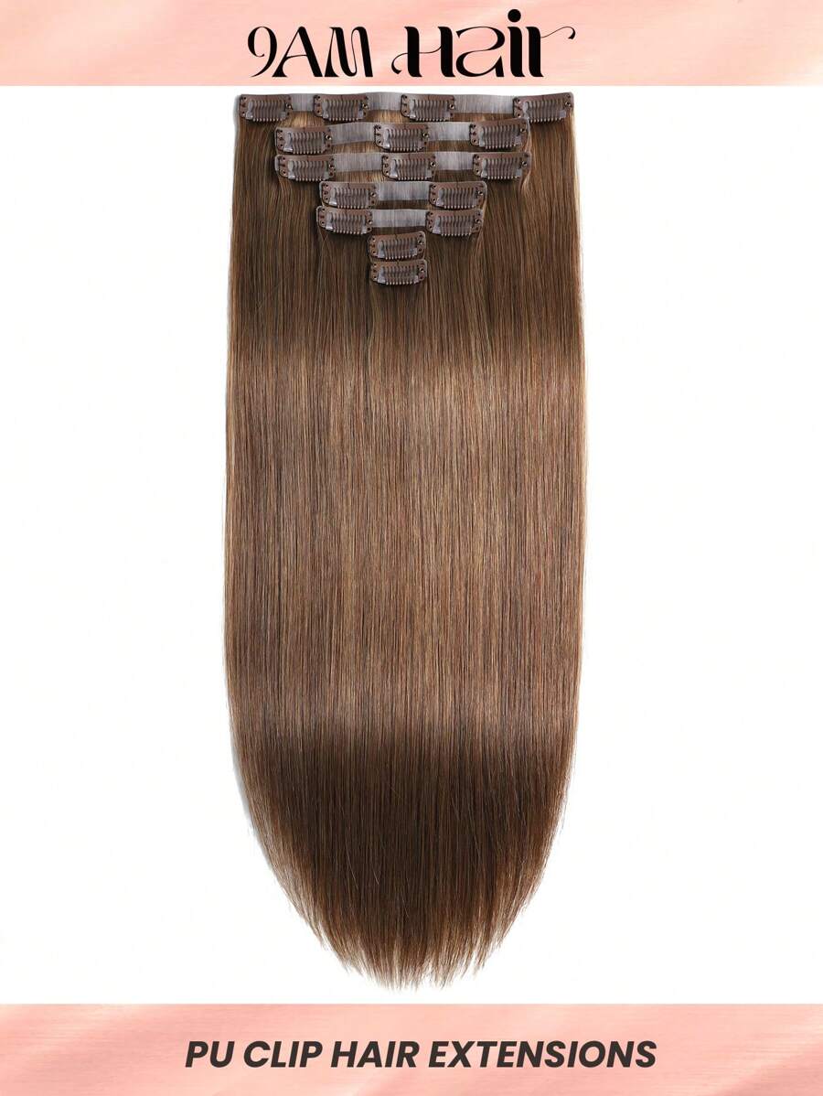 Seamless Clip Ins #6 Extensiones de cabello humano natural crudo de 7 piezas/set, color marrón chocolate, liso, sin costuras, PU, 12A - S6 - Ver 1