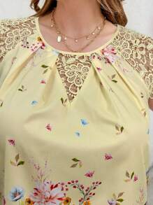 Reflora 加大码夏季花卉印花蕾丝拼布衬衫，奶油黄色 - 黃色 - 查看 3