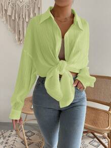 SHEIN EZwear 绿色女式衬衫落肩纽扣沙滩衬衫 - 青檸色 - 查看 7