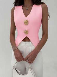 Aloruh V-Neck Sleeveless Solid Color Sweater, Suitable For Spring/Autumn