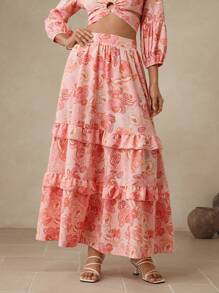 Swim Oasis Women's Multi-Layer Frill Trim A-Line Floral Print Skirt Fall Cloth For Women - Pink - View 3