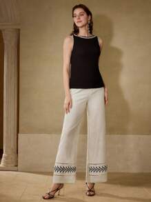 MOTF PREMIUM PANTALONES DE PIERNA ANCHA CON BORDADO DE ENCAJE EN CONTRASTE - Albaricoque - Ver 5