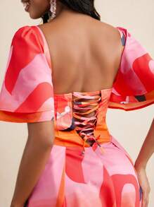 Eva Novielli Tropical Printed Bustier Corset Bodice A-Line Lace-Up Mini Dress Women Summer Vacation Dress