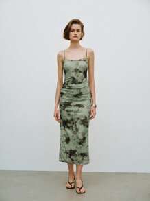 Lumivelle Vestido ceñido sin mangas con estampado de teñido anudado y decoración plisada para mujer