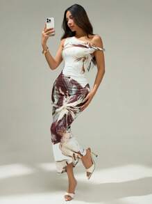 SHEIN PETITE Vestido Assimétrico Bodycon Ombro Aberto Elegante Estilo de Férias Floral para Senhoras, Verão, Vestidos de Verão para Mulheres - Multicolorido - Visão 3
