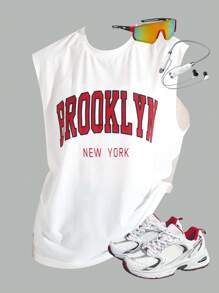 SHEIN 1-Pack Teen Boy Casual Sports College Artistic Style Retro White Wide Shoulder Top With English Letters Suitable For Back To School Boys Suitable For Daily Use Suitable For Daily Use Suitable For School Suitable For Travel Suitable For Sports Suitable For Spring And Summer Seasons, Father's Day/Dad And Me