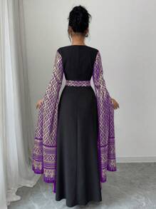 Chiquease 时尚优雅方领泡泡袖金箔花卉印花长裙，春夏 - 紫色 - 查看 2