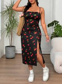 Solflare Plus Size Women's Cherry Print Split Thigh Cami Maxi Summer Dress - Multicolor - View 5