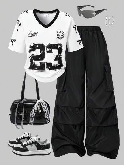 SHEIN ChillGRL 2件套：Tween Girls American 插肩袖图案T恤和贴花口袋工装裤