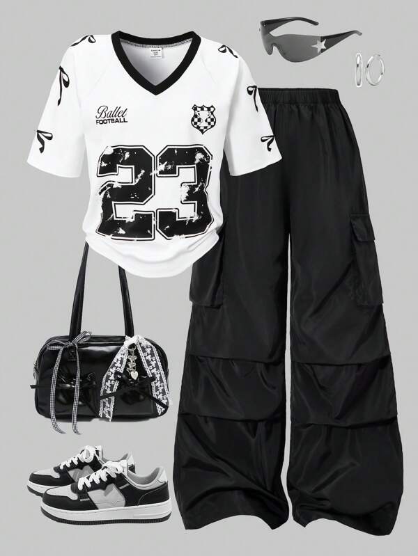 SHEIN 2pcs Set: Tween Girls American Raglan Sleeve Graphic T-Shirt And Applique Pocket Cargo Pants Outfit Set