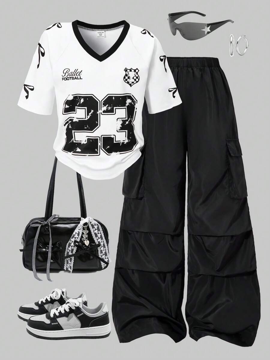 SHEIN ChillGRL 2件套：Tween Girls American 插肩袖图案T恤和贴花口袋工装裤 - 黑與白 - 查看 1