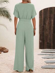 SHEIN Clasi Women Summer Casual Solid Color V-Neck Jumpsuit