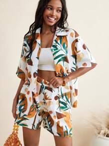 EBIB Blossom Drift 抽象热带花卉印花纽扣衬衫 女士商务休闲夏季度假装，办公室