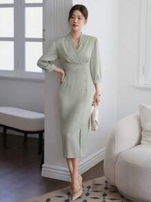 DAZY Vestido midi de mangas 3/4 con cuello en V plisado, bajo hendido y ajuste entallado, de unicolor, diseño elegante de verano para mujeres