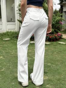 SHEIN EZwear Pantalones rectos casuales y versátiles de color blanco para mujeres - Blanco - Ver 2
