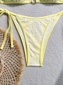 Swim Mod Women's Summer Holiday Beach Contrast Lace Halter Bikini Set - Yellow - View 5