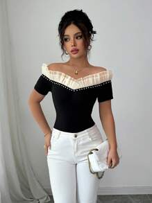 Elenzga Women's Sexy Summer Crop Top, Off Shoulder Floral Lace Splice Rhinestone Decor Slim Fit Short Sleeve T-Shirt
