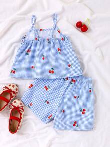 SHEIN Vintaside Kids Young Girl Plaid Cherry Print Camisole Top And Shorts Set, Summer Cool And Comfortable Outfit For Outdoor Activities Summer Holiday