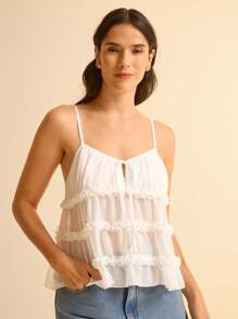 CAJUNI Boho Style White Layered Ruffle Tie-Up Women's Camisole