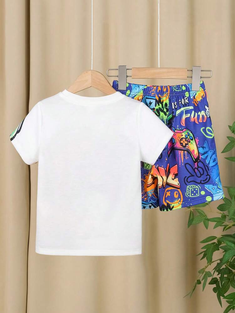 6pcs/Set Kids Boy Casual University Style Comfortable Animal Cartoon Printed Loose Fit Round Neck Short Sleeve T-Shirt And Shorts 2-Piece Set, 3 Patterns, Suitable For School, Garden, Beach, Birthday Party In Spring, Summer, Fall, Winter Seasons - Multicolor - View 2