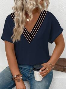 SHEIN EMERY ROSE CURVE Women's Plus Size Contrast Color Stripe V-Neck Short Sleeve Cuffed Casual T-Shirt, Versatile For Spring/Summer