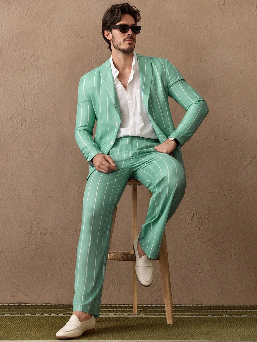 Manfinity VCAY 2pcs/Set Young Men Casual Loose Fit Woven Jacket And Elastic Waist Straight Leg Pants Set - Green - View 1