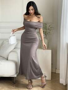 DAZY Đầm midi bó sát hở vai mùa hè cho nữ - Xám - Xem 8