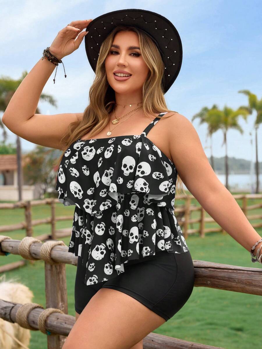 Swim Lushoire Plus Size Skull Print Tankini Set For Summer Beach Vacation, Halloween - Black - View 1