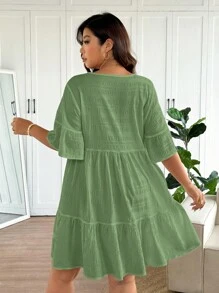 SHEIN Frenchy Váy đi nghỉ chữ A rộng rãi, cổ chữ V, họa tiết kẻ caro cỡ lớn - màu xanh lá - Xem 3