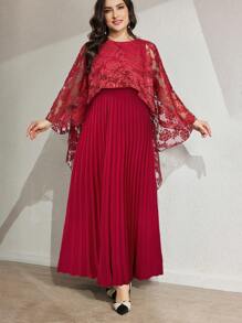 Modelyn Plus Size Women's Lace Patchwork Pleated Elegant Arabic Style Dress - Burgundy - View 1