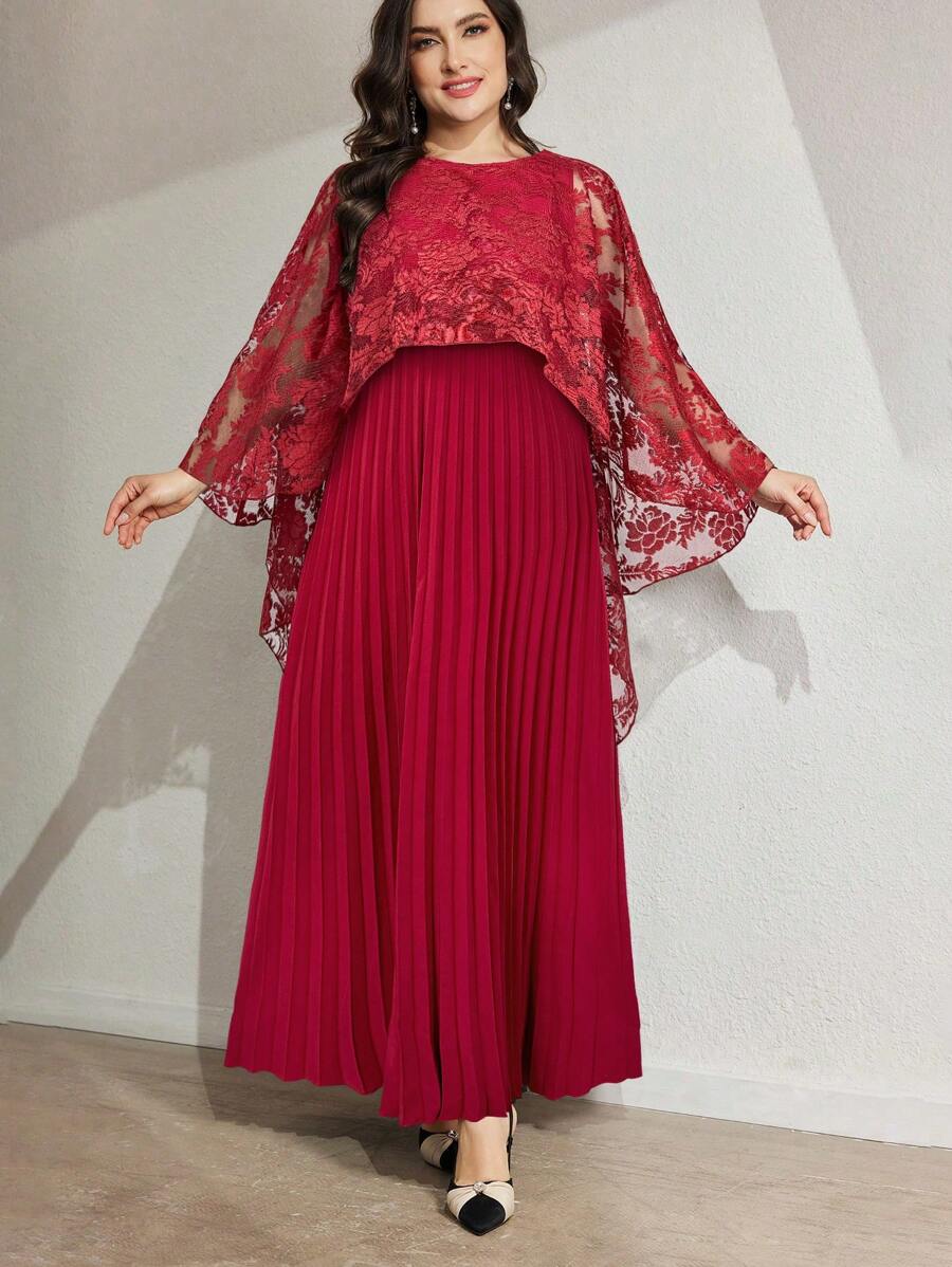Modelyn Plus Size Women's Lace Patchwork Pleated Elegant Arabic Style Dress - Burgundy - View 1
