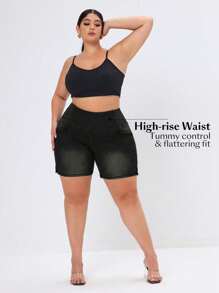 Flexra 大码女式休闲弹力针织牛仔短裤，深水洗蓝色，带口袋 - 黑色 - 查看 4