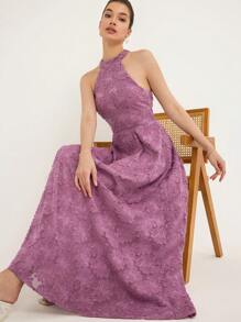 Aveloria Rosie 优雅花卉提花镂空雪纺立领收腰连衣裙，适合度假、浪漫、淑女 - 紫色 - 查看 1