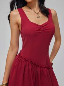 Roylia Women's Elegant Sweetheart Neck Drawstring Ruffle Hem Fitted Romper, Summer - Red - View 5