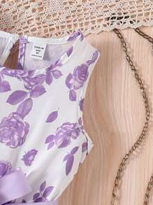 Sparklyn 2 件套青少年女孩优雅盖袖串珠上衣和花卉印花连衣裙（配腰带），春夏 - 淡紫色 - 查看 3