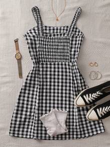 女式全新格纹甜美修身喇叭形无袖吊带背心连衣裙 - 黑與白 - 查看 2