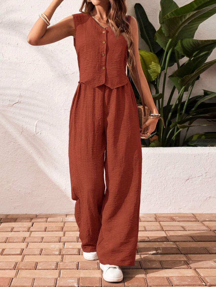 SHEIN Frenchy 2pcs Vacation Casual Solid Color Tank Top & Pants Set Summer Holiday Resort - Burnt Orange - View 1