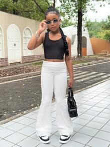 SHEIN Tween Girls Casual Basic Ribbed High Waist Ruched Slim Flared Pants, Back To School - White - View 4