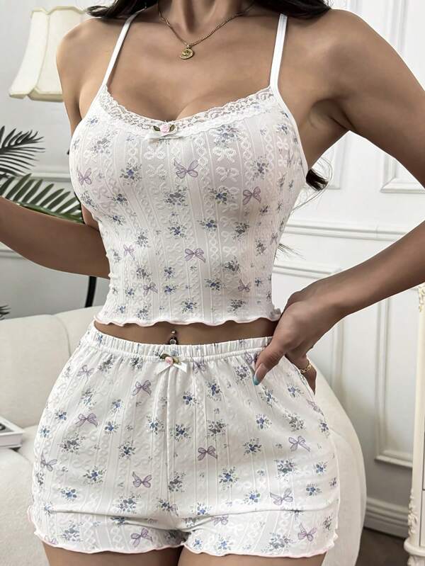 CottageSlumber Conjunto de camiseta de tirantes y shorts de mujer en punto jacquard con estampado de flores y lazos