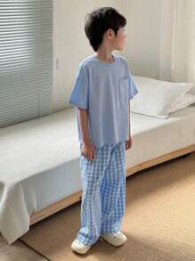 Dazy Kids 2件套儿童男童（大）纯色针织短袖T恤+格纹梭织长裤休闲套装，春夏