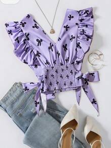 SHEIN LUNE Blusa de verano con manga acampanada y estampado de mariposas - Multicolor - Ver 2