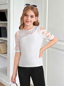 SHEIN Leap Crew Tween Girls Ribbed Knit Lace Patchwork Round Neck Criss-Cross Asymmetric Design Fitted T-Shirt - White - View 5