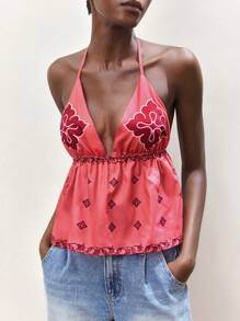 Maija Camiseta sin espalda con cuello halter de color rosa para mujer, casual, para vacaciones de verano, con diseño de estampado de moda - Rosa - Ver 6