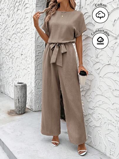 SHEIN Clasi Sommar Elegant Dam Blå Cool Linne veckat tyg med axelärmar och knuten midja Kortärmad jumpsuit, lämplig för olika tillfällen, dagliga resor, utflykter, etc.