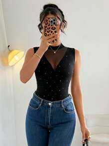Rafferiza Women's V-Neck Sheer Mesh Patchwork Bodysuit, Sexy & Alluring, Autumn - Black - View 5