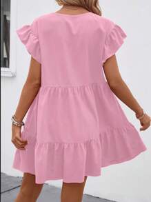 Breezaya Đầm babydoll rộng rãi cổ tròn màu trơn mùa hè cho nữ có viền bèo nhún trang phục đi biển - Hồng - Xem 2