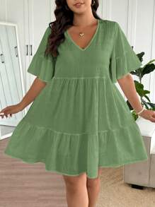 SHEIN Frenchy Váy đi nghỉ chữ A rộng rãi, cổ chữ V, họa tiết kẻ caro cỡ lớn - màu xanh lá - Xem 4